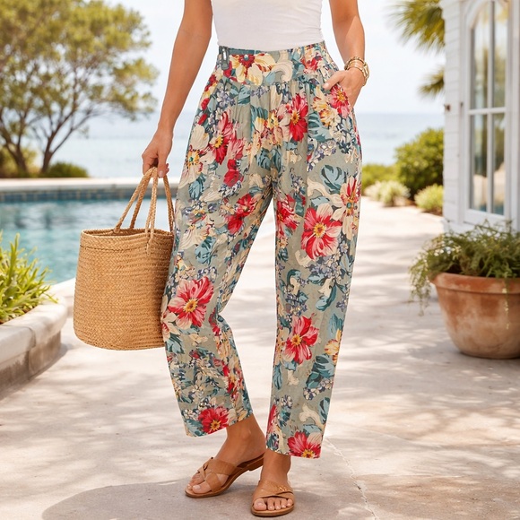 Liz Claiborne Pants - Vintage Lizwear Floral Rayon Pants Sz 10 NWOT - Beach Coastal Resort Travel